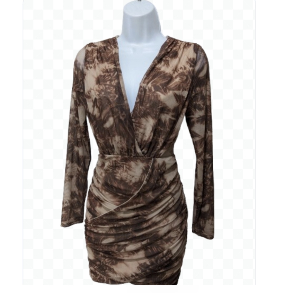 NWT Fashion Nova Addicted To Love Mesh Mini Dress S Long Sleeve Brown #drs3.4